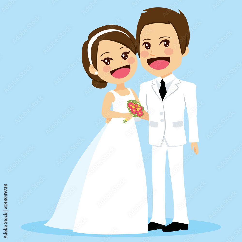 Illustration of cute couple in white dress on wedding day standing posing embracing in love Illustration of cute couple in white dress on wedding day standing posing embracing in love