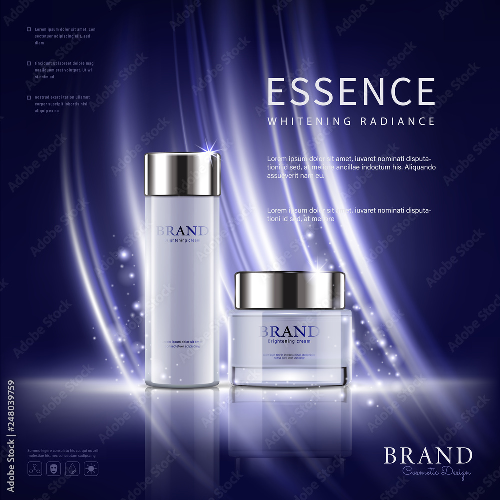 Set cosmetic ads, white package design on light blue background, vector illustration.