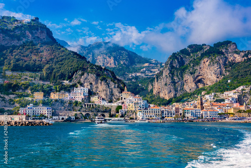 Sea front view of Amalfi town at Amalfi coast, Italy.