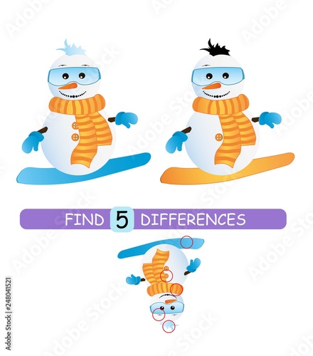 Find differences between pictures. Vector cartoon educational game. Cute snowman in a scarf.