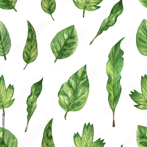Seamless pattern with green fresh leaf. Watercolor hand drawn illustration © Taity