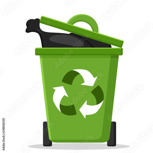 Green trash can with garbage bag on a white. Ecology