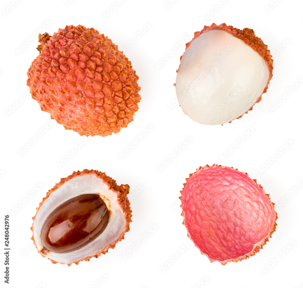 Set of ripe lychee, half, peel on a white. The form of the top. Set of ripe lychee, half, peel on a white. The form of the top.