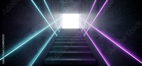 Sci Fi Modern Futuristic Cyber Neon Glowing Purple Blue Lines Laser Club Stage Tunnel With Stairs Reflective Grunge Concrete White Glow 3D Rendering