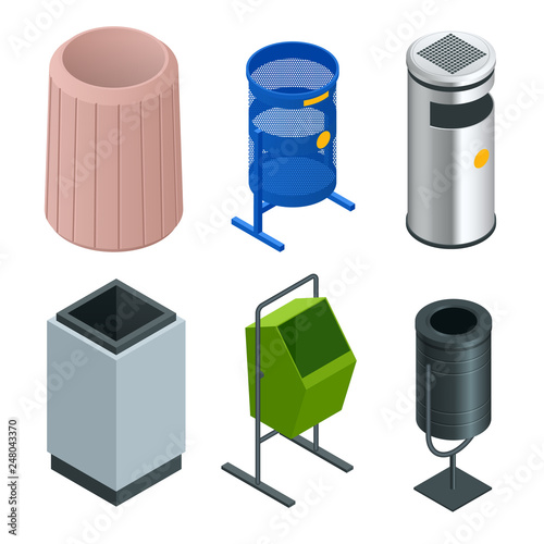 Isometric set of metal basket bin for waste paper in office. Empty trash, clean garbage bin. Vector illustration