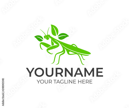 Insect mantis and leaves, logo design. Animal, wildlife, nature and plant, vector design and illustration