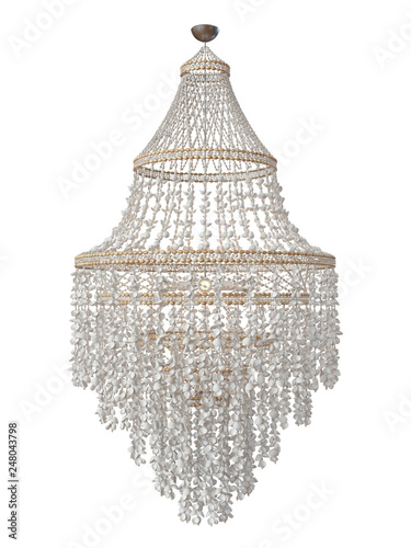 Fotografie Handmade chandelier from thousands of seashells on a white background