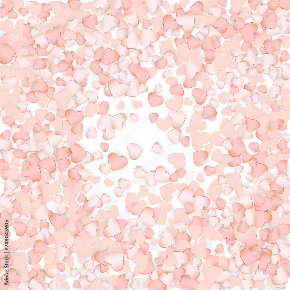 Love Hearts Confetti Falling Background. St. Valentine's Day pattern Romantic Scattered Hearts. Vector Illustration for Cards, Banners, Posters, Flyers for Wedding, Anniversary, Birthday Party, Sales.