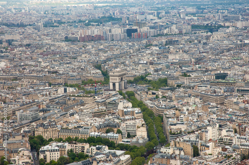 View to Paris and to The Arc de Triomphe de l'Étoile (Triumphal Arch of the Star), Paris, France