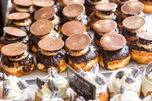 tasty choco donuts on the street market in jerusalem on hanuka