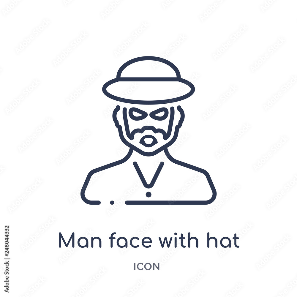 man face with hat icon from people outline collection. Thin line man face with hat icon isolated on white background. man face with hat icon from people outline collection. Thin line man face with hat icon isolated on white background.