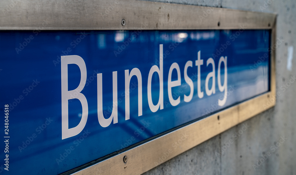Bundestag Sign at the Bundestag Underground Station of the U55 in Berlin, Germany.