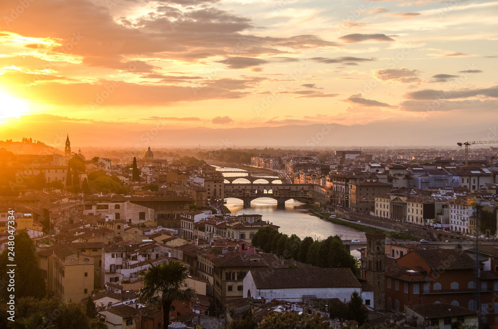 Bridges of Florence over the Arno River at sunset, Italy