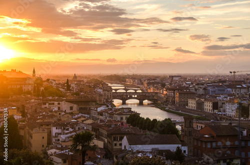 Bridges of Florence over the Arno River at sunset, Italy
