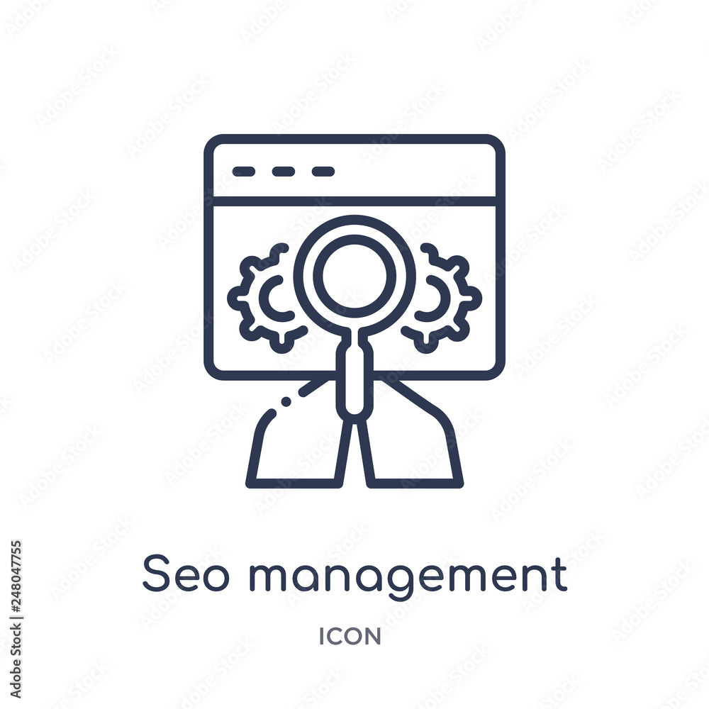 seo management icon from programming outline collection. Thin line seo management icon isolated on white background. seo management icon from programming outline collection. Thin line seo management icon isolated on white background.