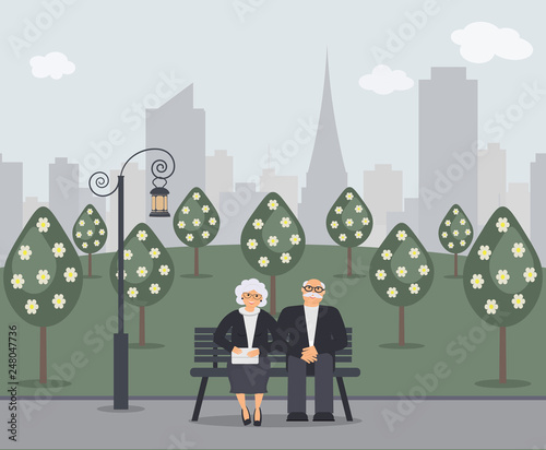 Happy family seniors: cute smiling elderly man and woman with clutch bag are sitting on bench in park. Retired elderly couple in love.Trees, cityscape and ancient lantern.Vector flat illustration