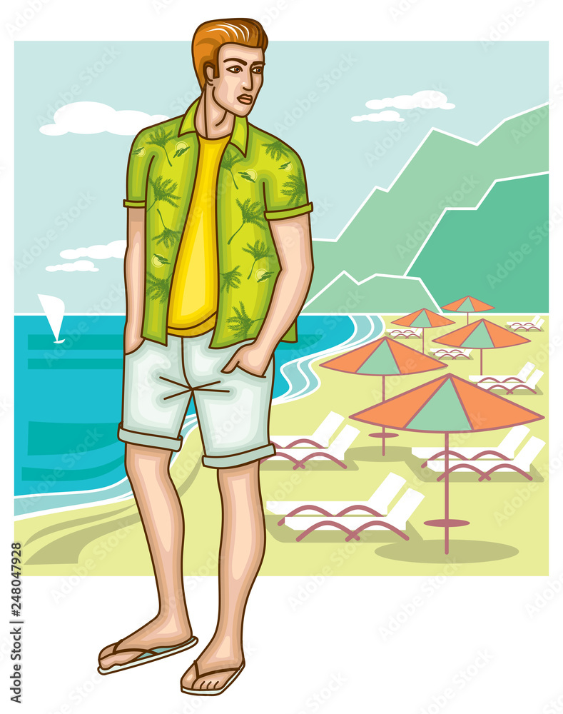 Young man in shorts is standing on the beach.