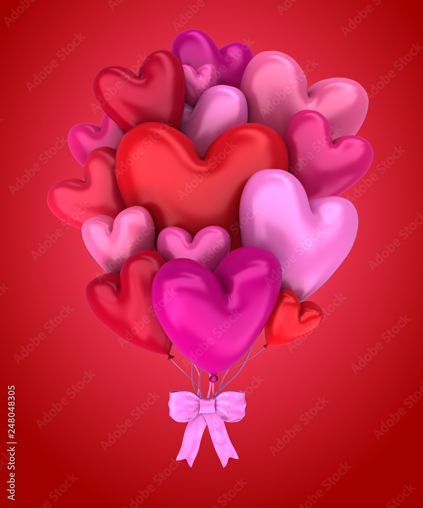 Bunch of red and pink balloons in the shape of hearts - 3d render