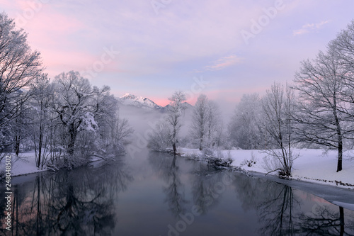 Frosty lake at beautiful dawn