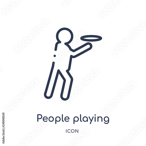 people playing frisbee icon from recreational games outline collection. Thin line people playing frisbee icon isolated on white background.