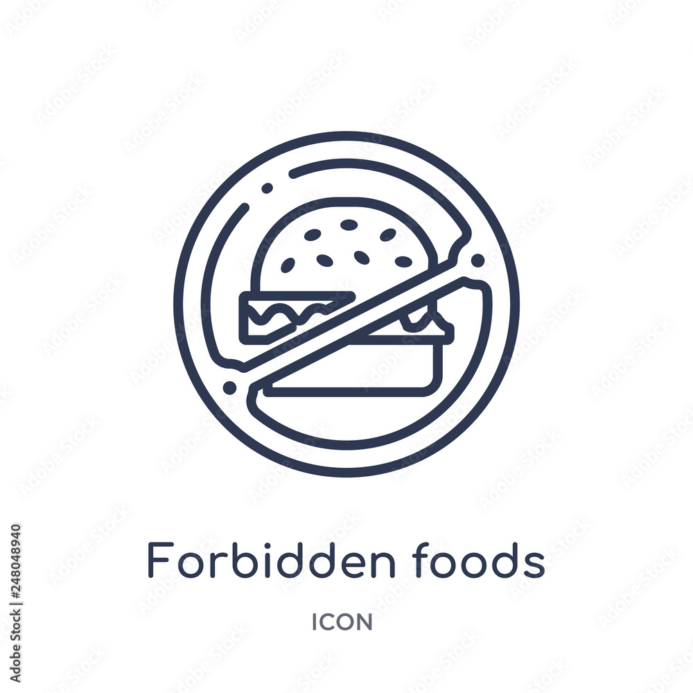 forbidden foods icon from religion outline collection. Thin line forbidden foods icon isolated on white background. forbidden foods icon from religion outline collection. Thin line forbidden foods icon isolated on white background.