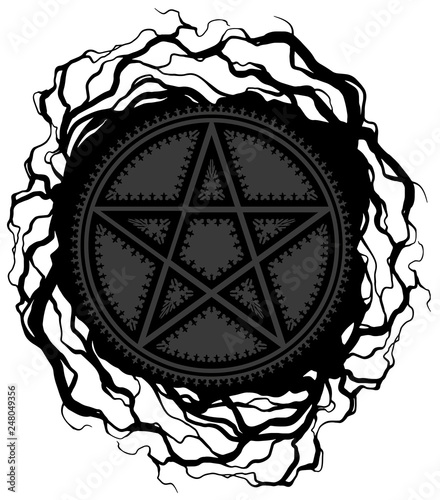 Black five pointed pentagram star with ornament and tree roots. On white background. Vector icon.