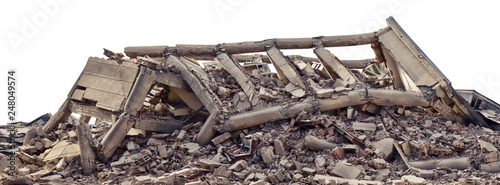 Canvastavla Collapsed and destroyed concrete industrial building isolated on white background