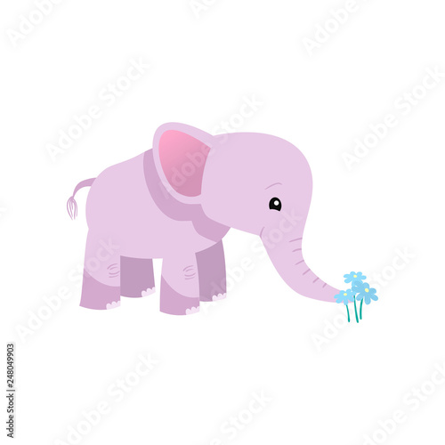 Lovely Pink Baby Elephant Animal Character Tearing Flower by Trunk Vector Illustration I