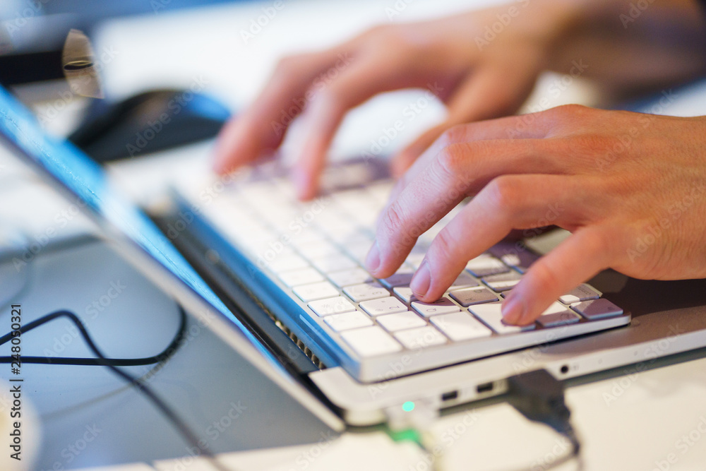 Hands close-up laptop. Computer, hands keyboard while working personal computer. Hands close-up laptop. Computer, hands keyboard while working personal computer.