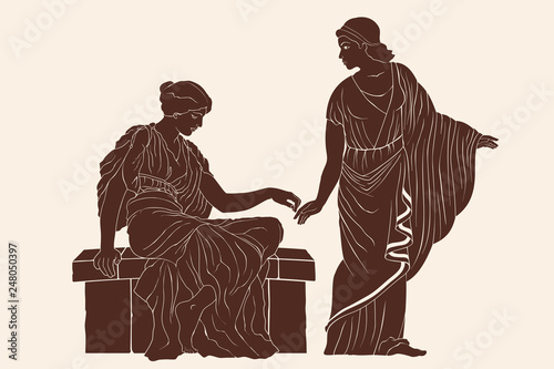 Two ancient Greek women hold each others hands. Vector illustration on a beige background.
