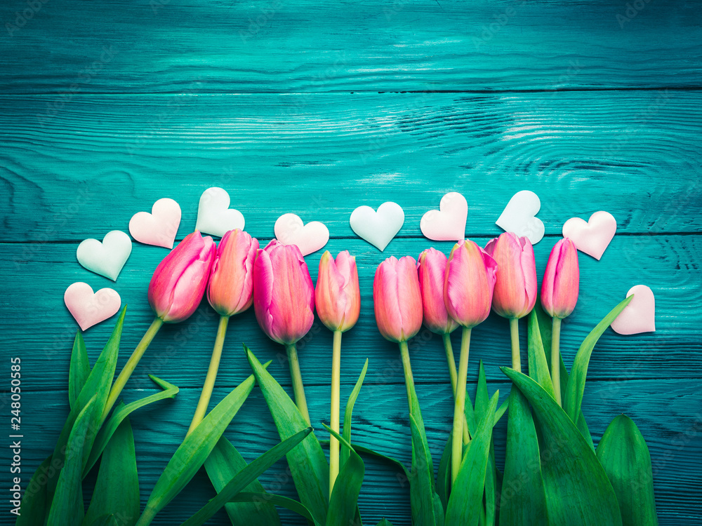 Beautiful tulips and hearts. Valentine's day - obrazy, fototapety, plakaty 