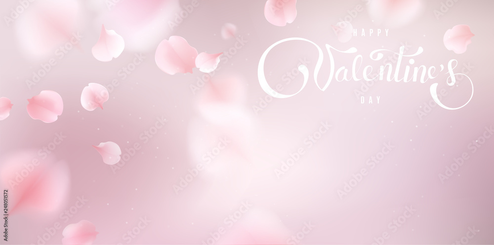 Happy Valentine's day soft color pastel background with flower petals and lettering.