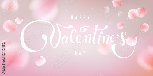 Happy Valentine's day soft color pastel background with flower petals and lettering.