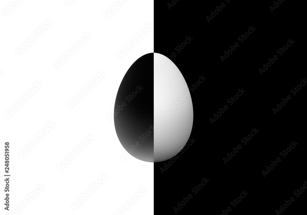 Contrast of egg isolated on black and white background. Easter, Yin Yang. Contrast of egg isolated on black and white background. Easter, Yin Yang.