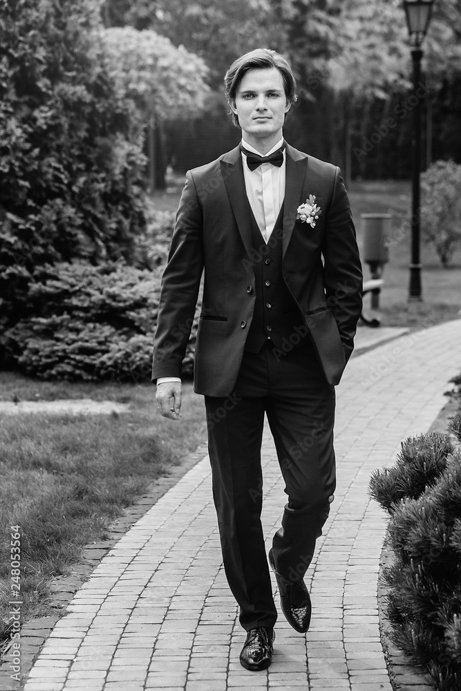 stylish groom portrait in park. handsome man in blue suit posing in spring park. gentleman or businessman at reception outdoors stylish groom portrait in park. handsome man in blue suit posing in spring park. gentleman or businessman at reception outdoors
