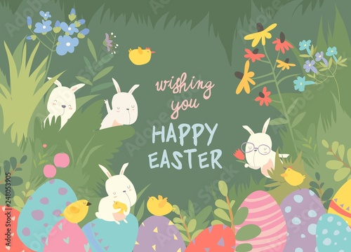 Cute Easter bunnies and easter egg. Happy holidays