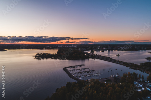 View of the urban sunset with traffic on the highway, Espoo Finland