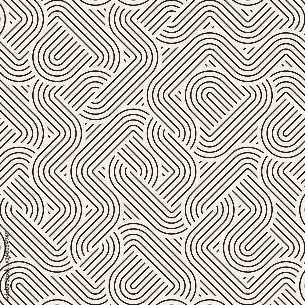 Vector seamless irregular linear grid pattern. Retro abstract rounded lines maze. Repeating geometric lattice from randomly disposed stripes.