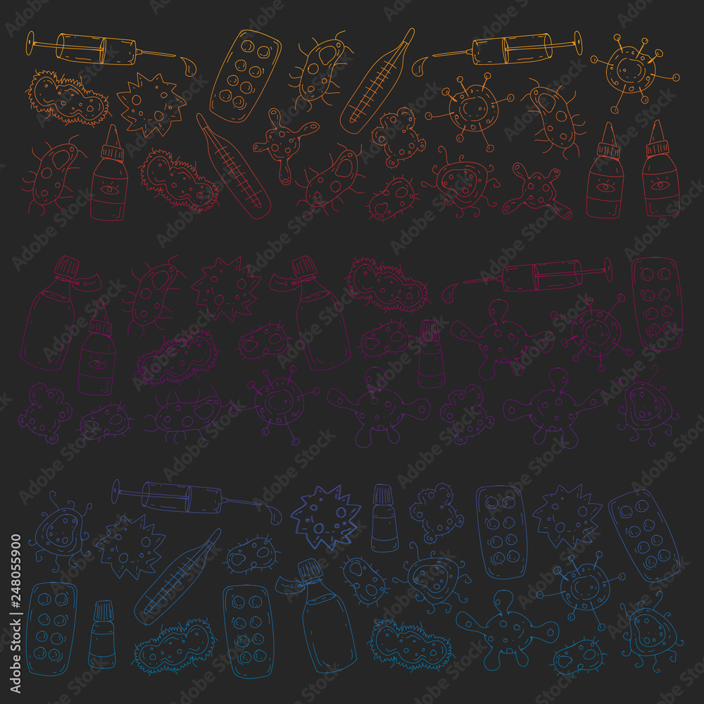 Cough, pills, influenza, flu, sickness. Vector pattern with doodle icons. Healthcare and medicine.