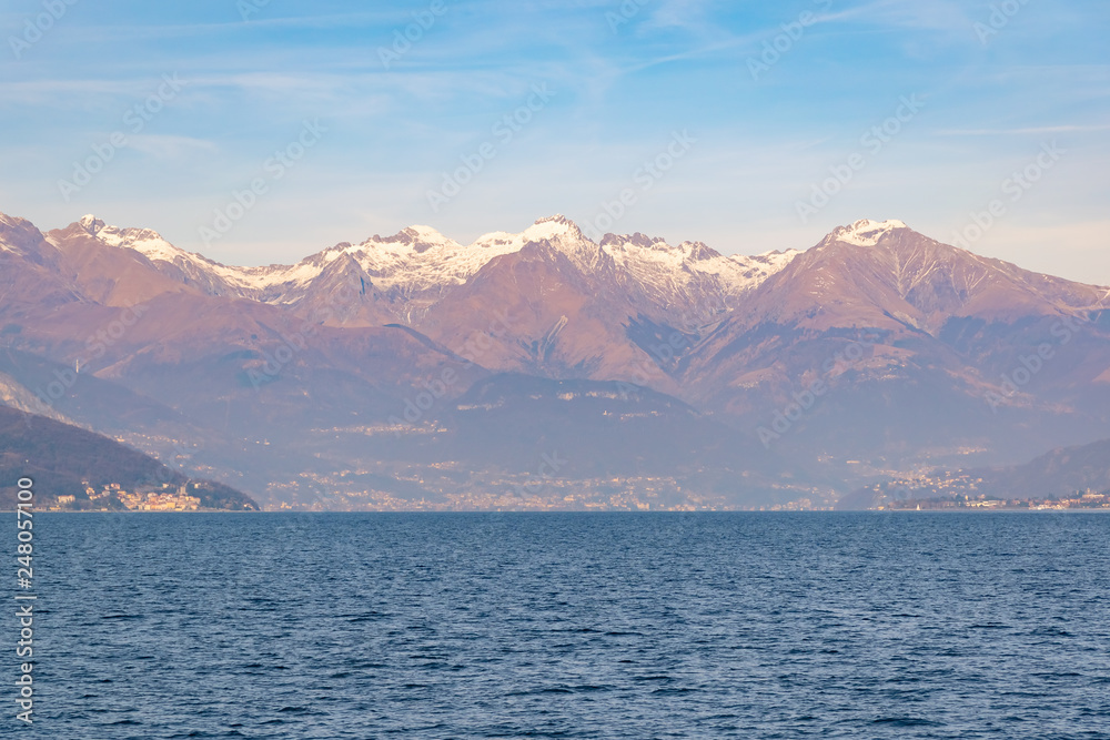 Beautiful Como Lake panoramic landscape with Alps mountain in background, Italy, Europe