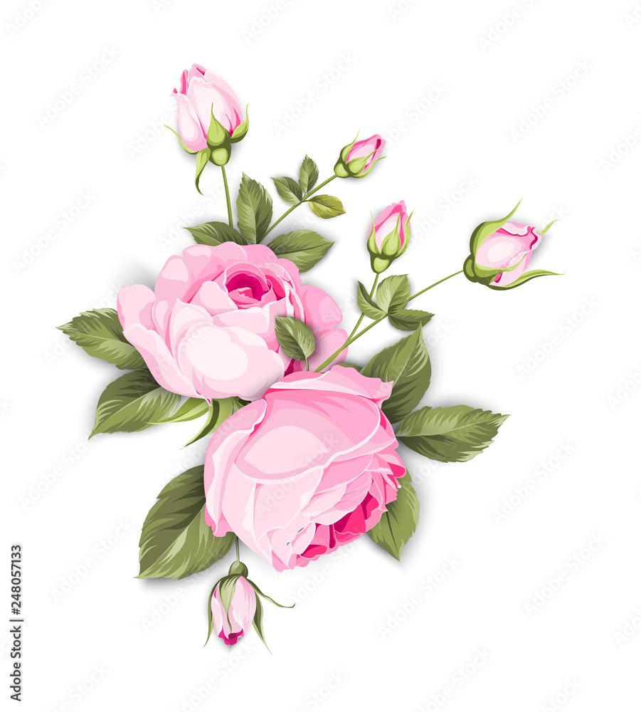Spring flowers bouquet of color bud garland. Label with rose flowers. Vector illustration.