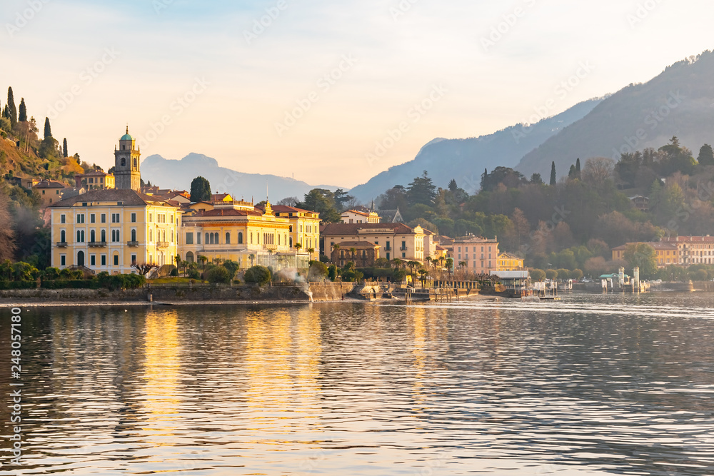 Beautiful view of the Bellagio resort town seen from Lake Como on sunset, Lombardy, Italy