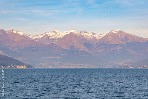 Beautiful Como Lake panoramic landscape with Alps mountain in background, Italy, Europe