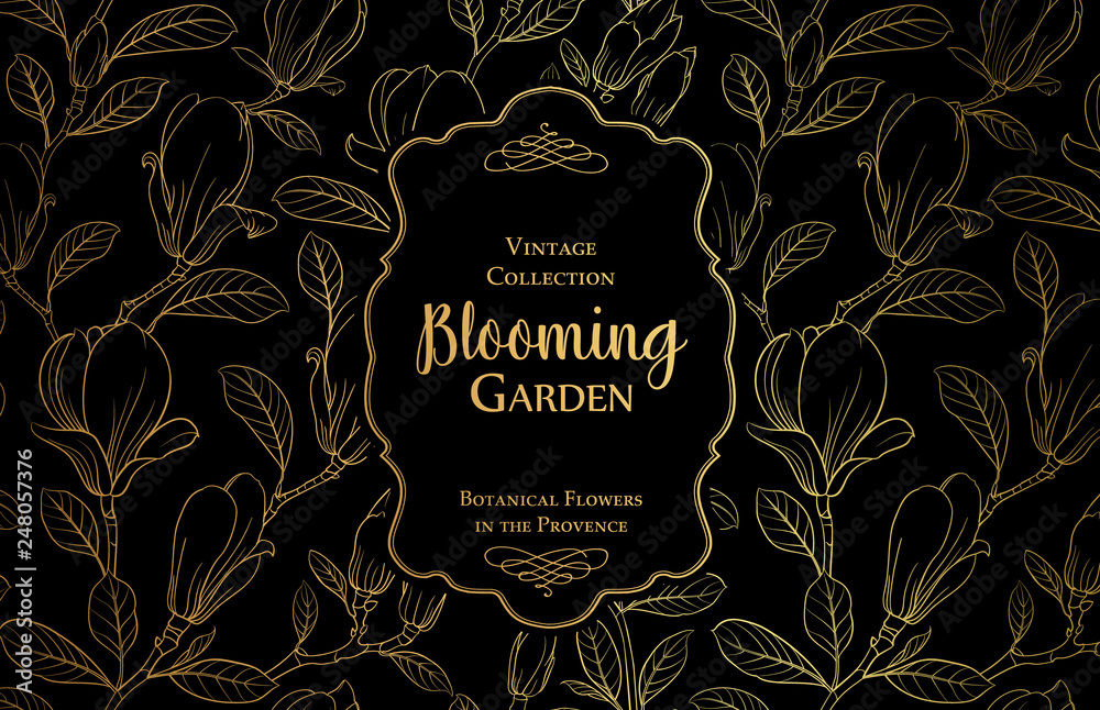 Obraz premium The vintage collection. Awesome postcard background template for wedding invitation. Label with magnolia flowers. Vector illustration.