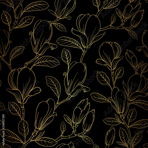 Fototapeta Naklejka Na Ścianę i Meble -  Magnolia blooming flower. Linear style of Magnolia Flower for seamless pattern. Line illustration on a black background. Vector illustration.