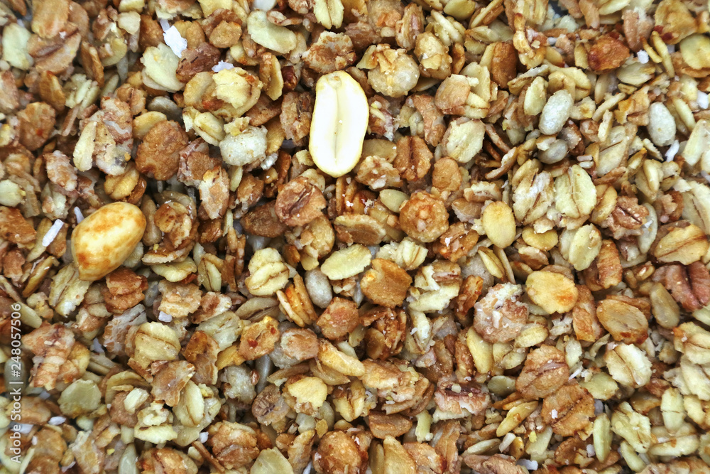 Food muesli fried from grain and nuts.
