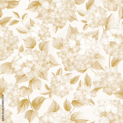 Blooming flower of golden hydrangea on white background. Seamless patternn of hortensia flower. Mop head hydrangea flowers isolated against white. Vector illustration. photo