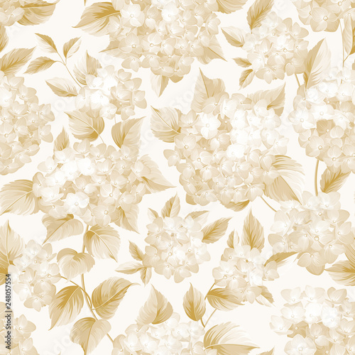 Blooming flower of golden hydrangea on white background. Seamless patternn of hortensia flower. Mop head hydrangea flowers isolated against white. Vector illustration.