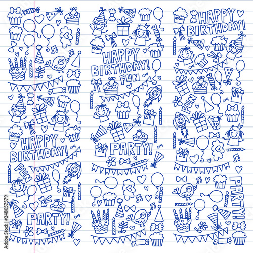 Vector pattern for birthday party for little kindergarten, school children. Kids drawing doodle style