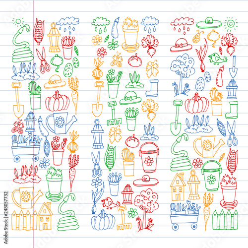 Garden, agriculture, garden tools, equipment, harvest. Icons of gardening items.